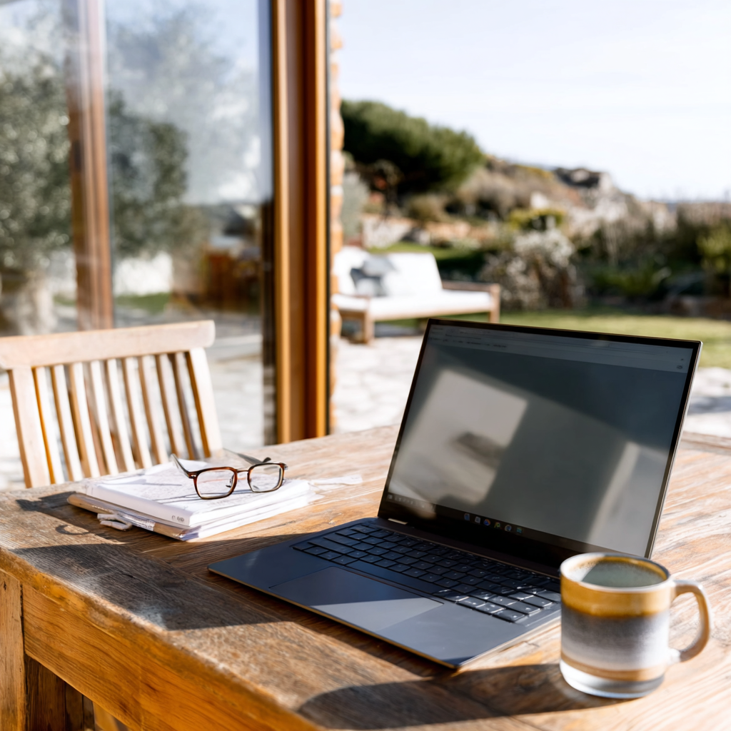 Bureau extérieur en bois avec ordinateur portable, lunettes, documents et tasse à café, face à un jardin ensoleillé