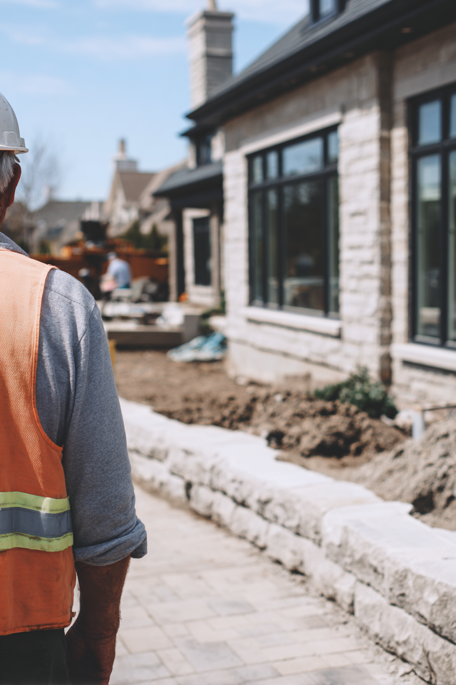 Ouvrier en casque et veste de sécurité observant un chantier d’aménagement extérieur devant une maison en pierre avec muret et pavage