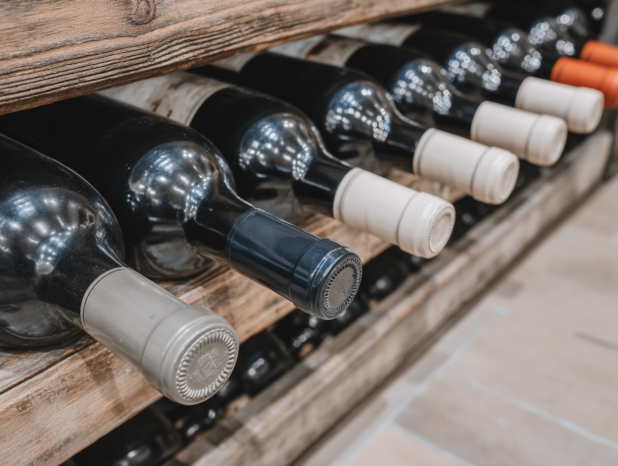 Bouteilles de vin soigneusement rangées sur des étagères en bois dans une cave ou un cellier