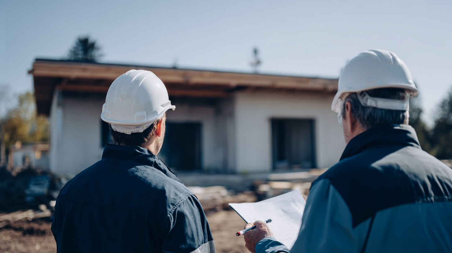 Two construction professionals wearing white hard hats inspect a residential building site and review plans in front of a house under construction.
