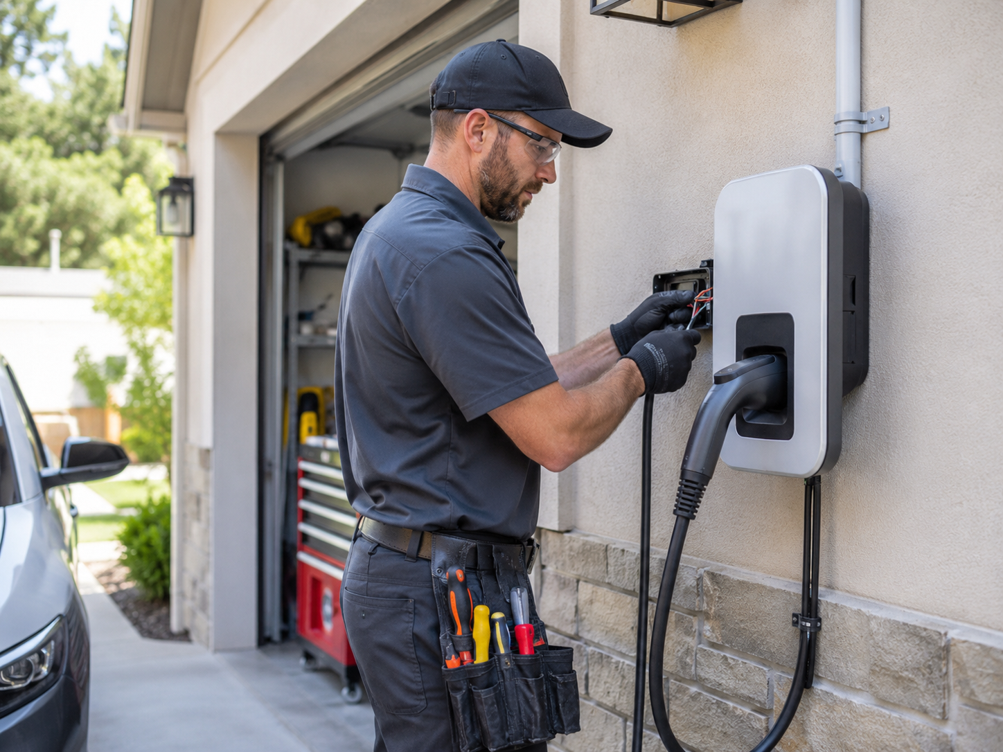Electrician installing a wall-mounted electric vehicle charging station beside a residential garage with exposed wiring, tools, and protective equipment