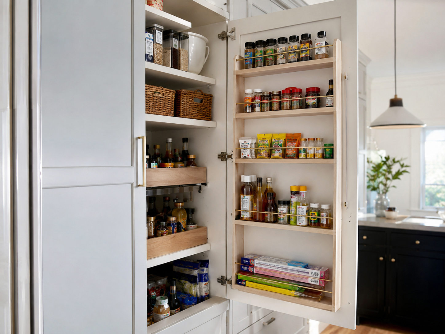 Armoire garde-manger blanche avec tablettes coulissantes et rangement intégré dans la porte.