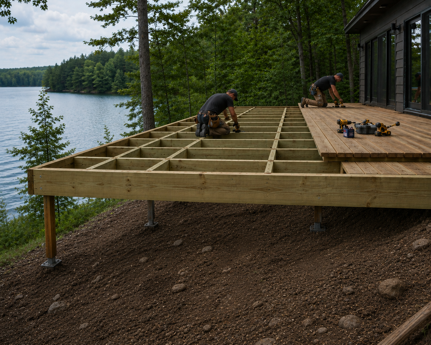 Ouvriers construisant une terrasse en bois surélevée avec charpente apparente sur un terrain en pente au bord d’un lac