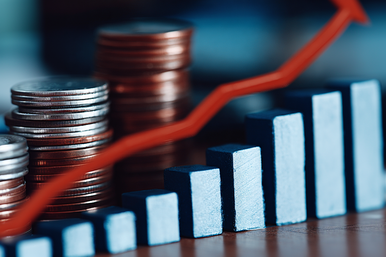Stacks of coins with bar chart and rising red arrow symbolizing financial growth