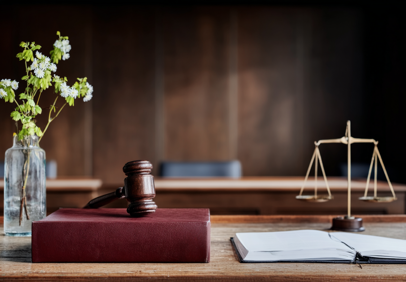 Salle de tribunal avec maillet de juge, balance de la justice, livre de droit ouvert et vase de fleurs sur une table en bois.