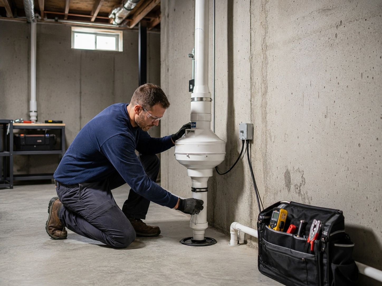 Technician installing a radon mitigation system in a basement.