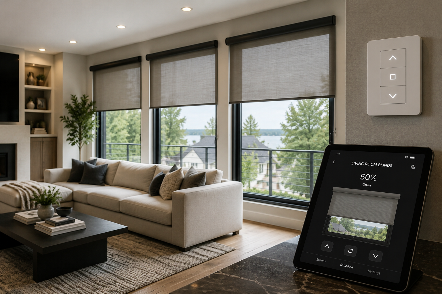 Modern living room with smart motorized blinds, wall-mounted touch control and tablet automation, large panoramic windows overlooking a lake