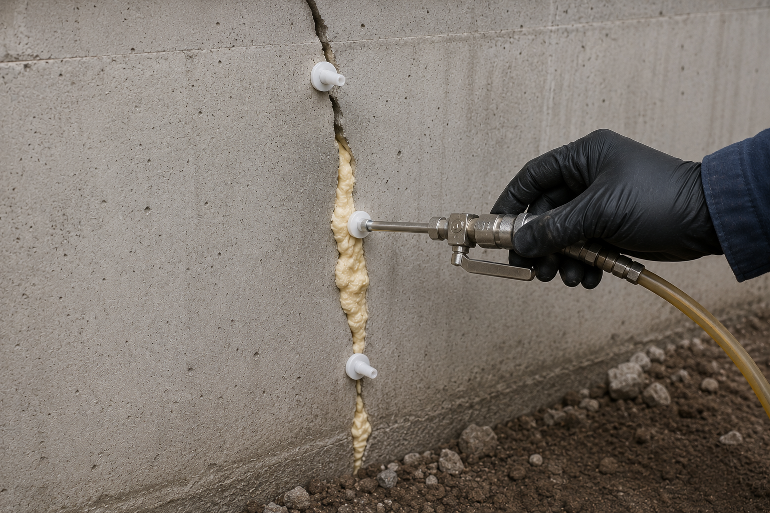 Injection de résine de polyuréthane dans une fissure de fondation en béton pour assurer l’étanchéité et la réparation structurelle contre les infiltrations d’eau.