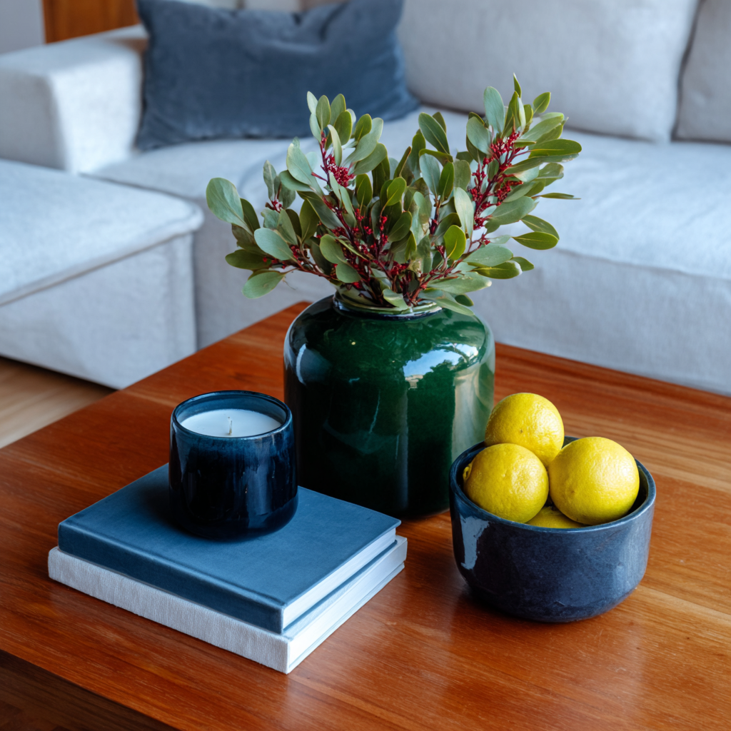 Modern living room with gray sofa, blue pillow, wooden coffee table, green vase with foliage, blue candle, decorative books and bowl of yellow lemons