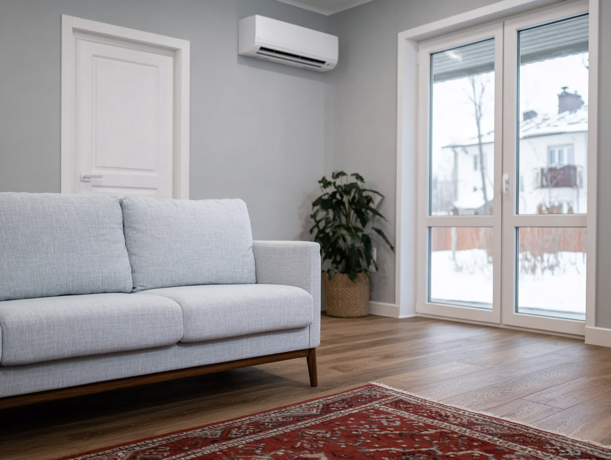 Modern living room with white wall-mounted air conditioner, gray sofa, large glass doors overlooking a snowy exterior and wood flooring