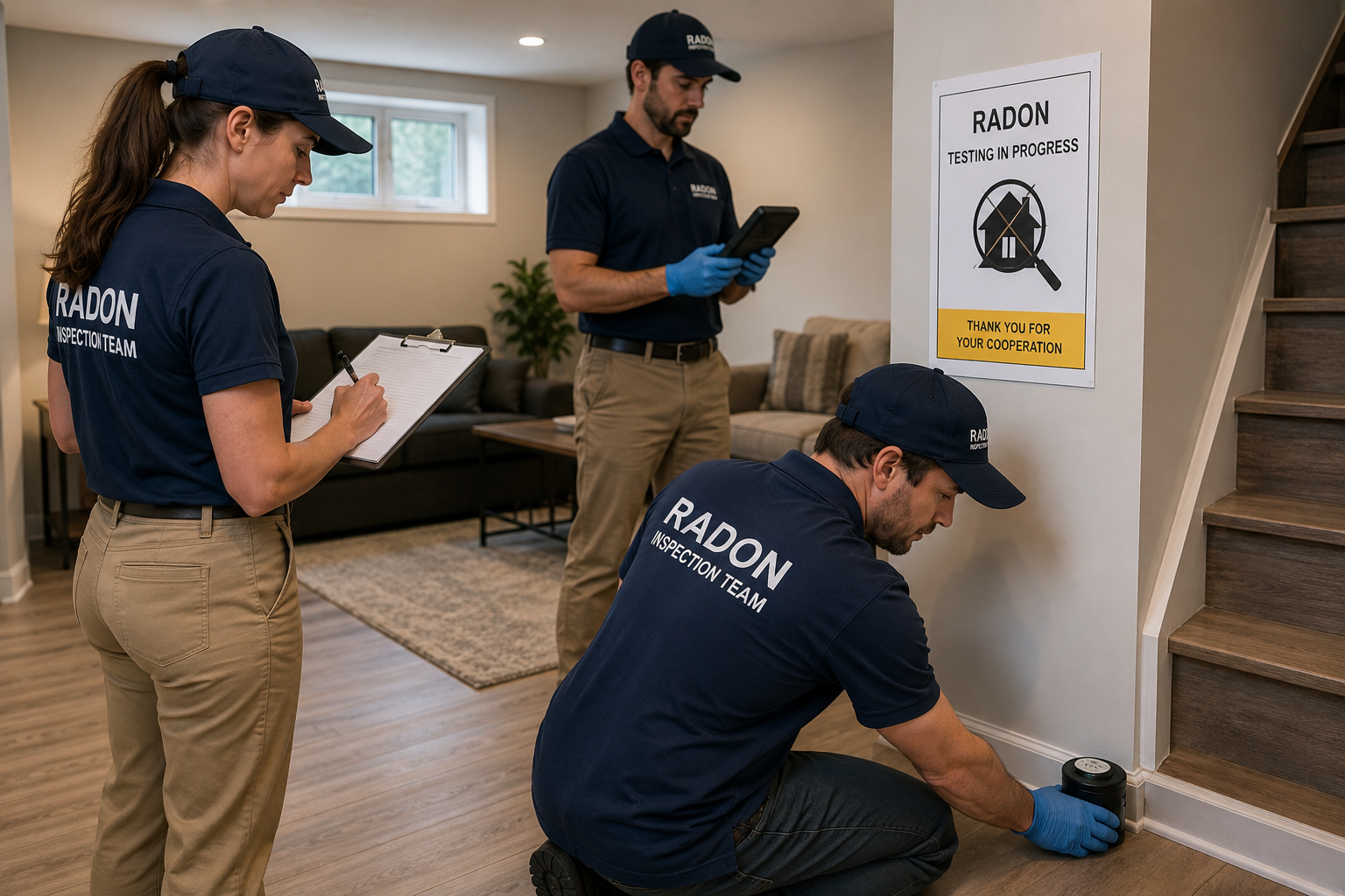 Équipe d’inspection effectuant un test de radon dans un sous-sol résidentiel avec appareil de mesure, tablette de suivi et formulaire de contrôle.