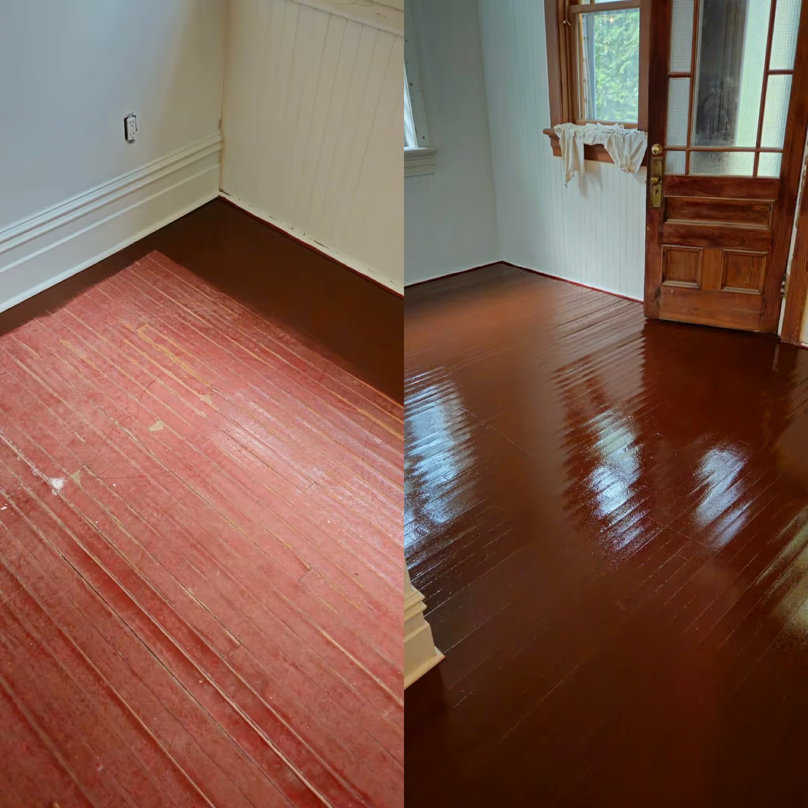 Before-and-after comparison of a worn red wood floor restored with a glossy dark brown finish.