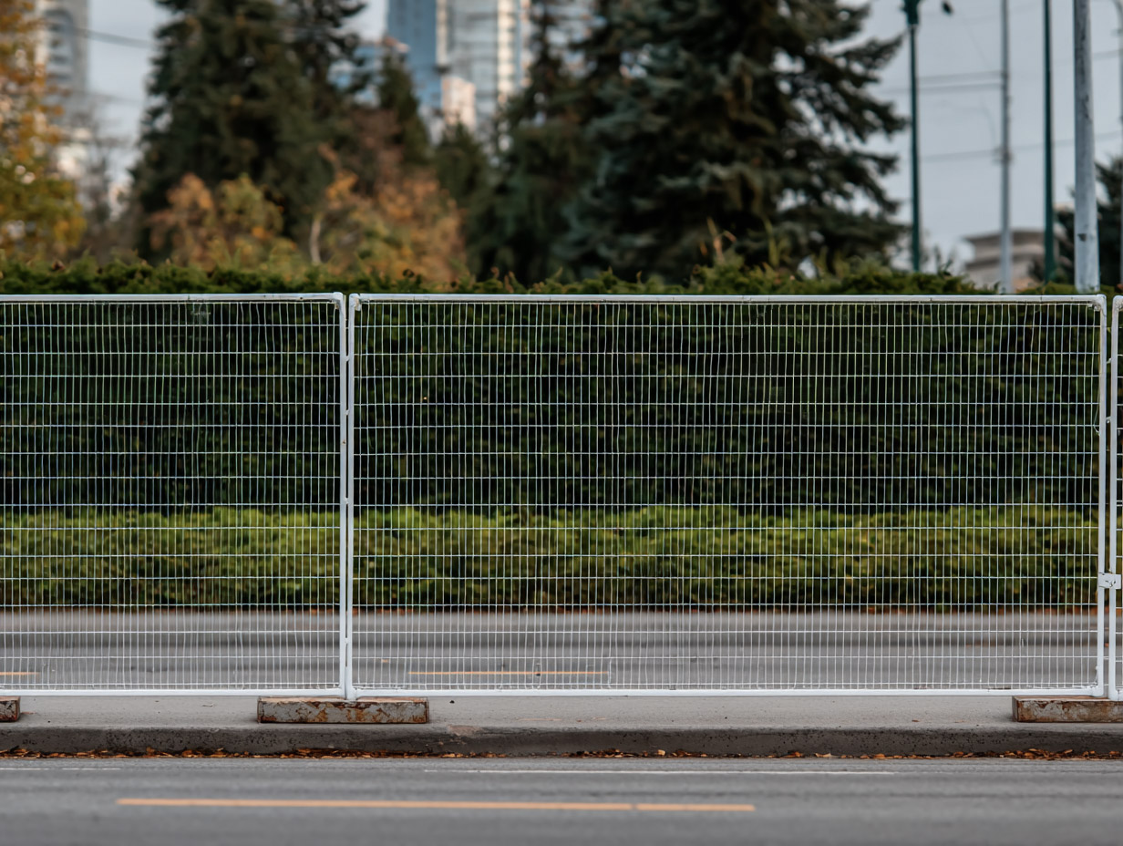 Metal mesh fence installed along a street with green hedge and trees in the background in an urban setting.