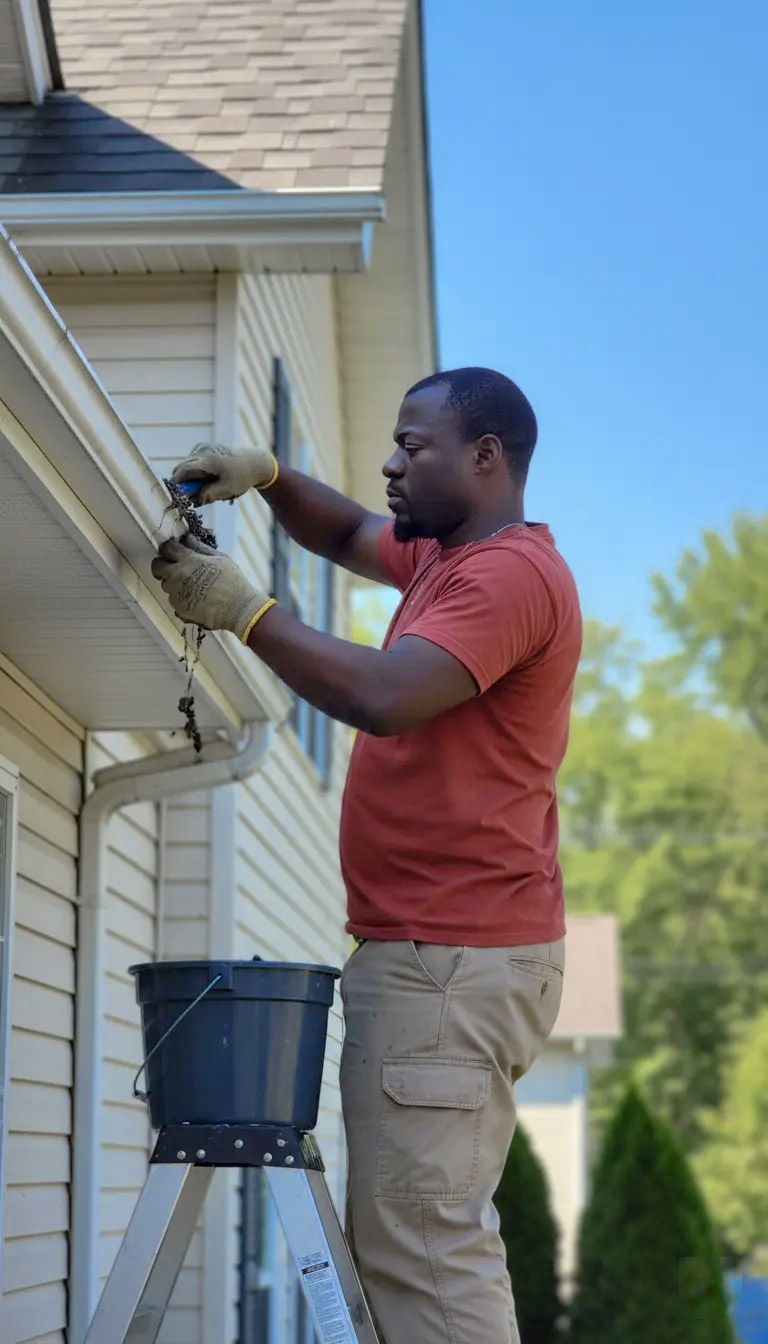 Man cleaning a clogged residential gutter filled with debris and leaves using gloves.