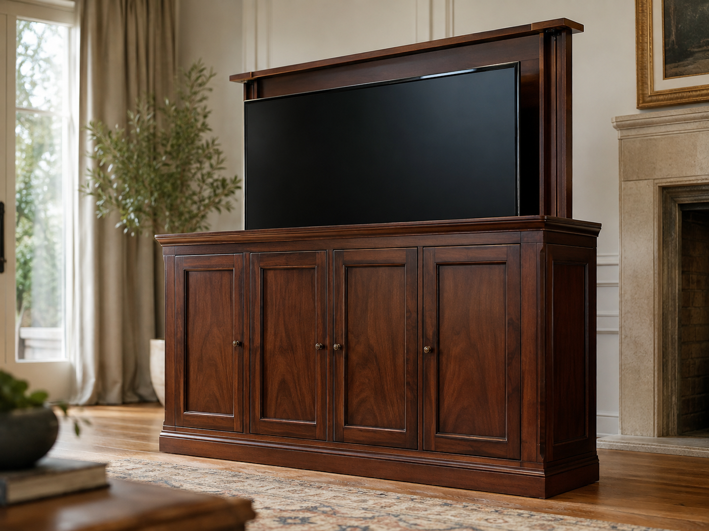 Meuble TV escamotable en bois foncé avec quatre portes de rangement, téléviseur relevé et finition classique dans un salon élégant