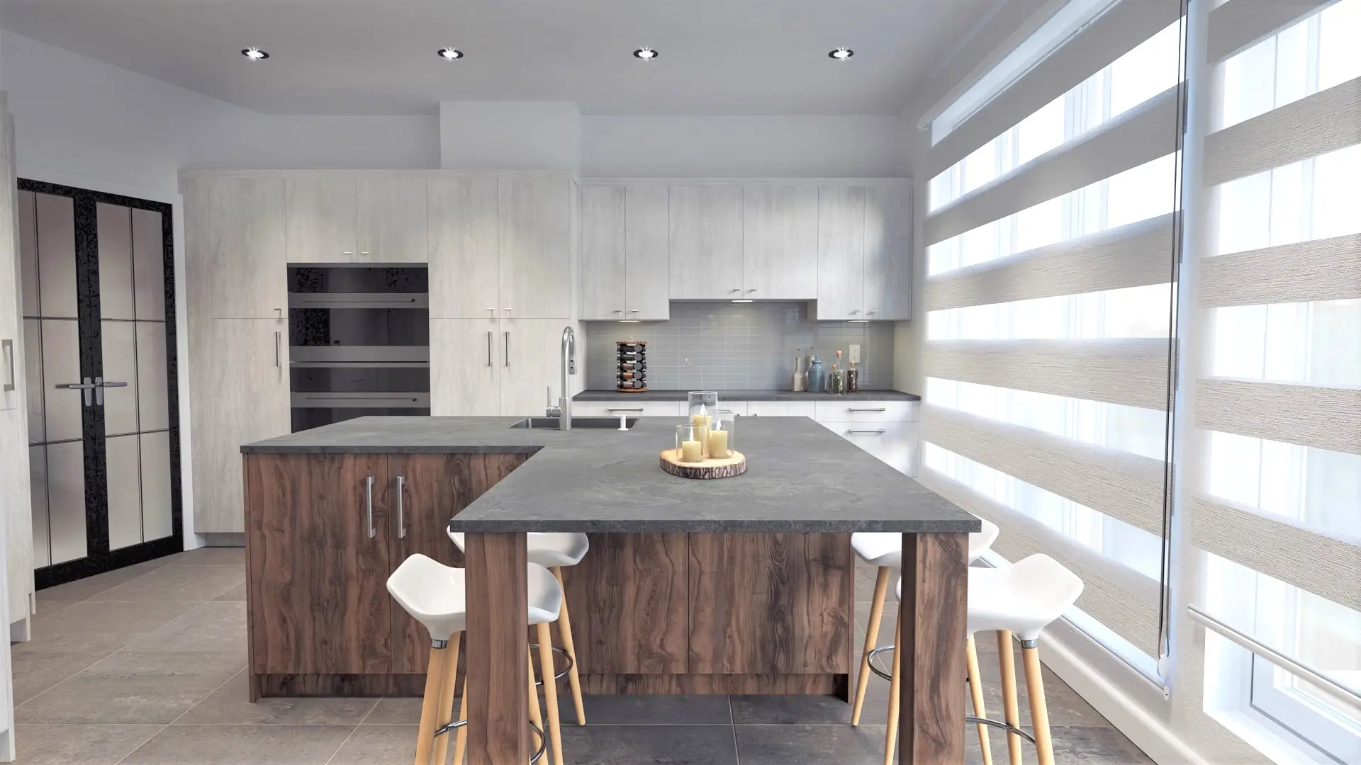 Cuisine moderne avec îlot central en bois, plan de travail en pierre, tabourets blancs et stores enrouleurs, éclairage chaleureux.