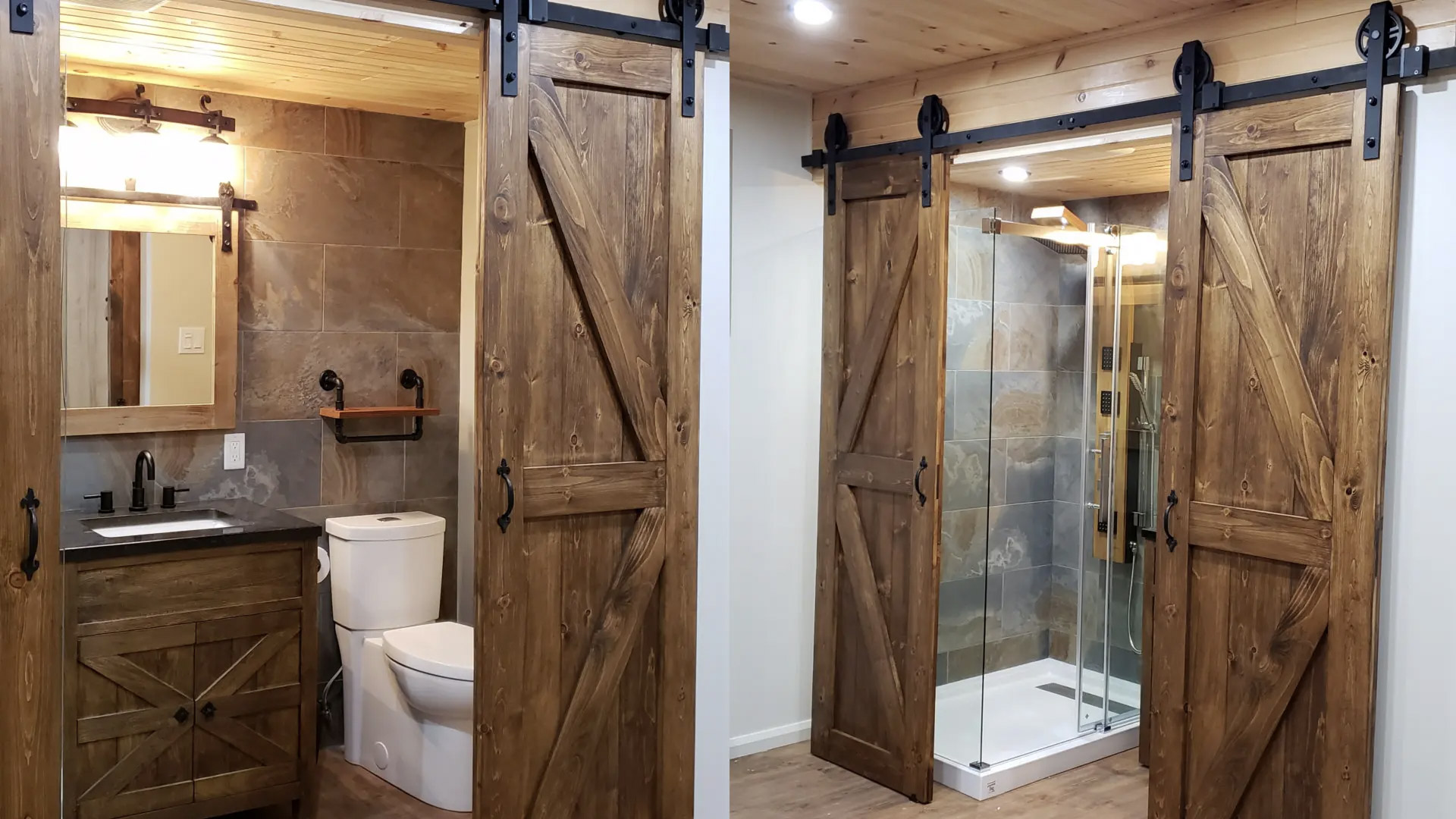 Salle de bain rustique avec portes coulissantes en bois, meuble-lavabo assorti, carrelage mural et douche vitrée moderne.