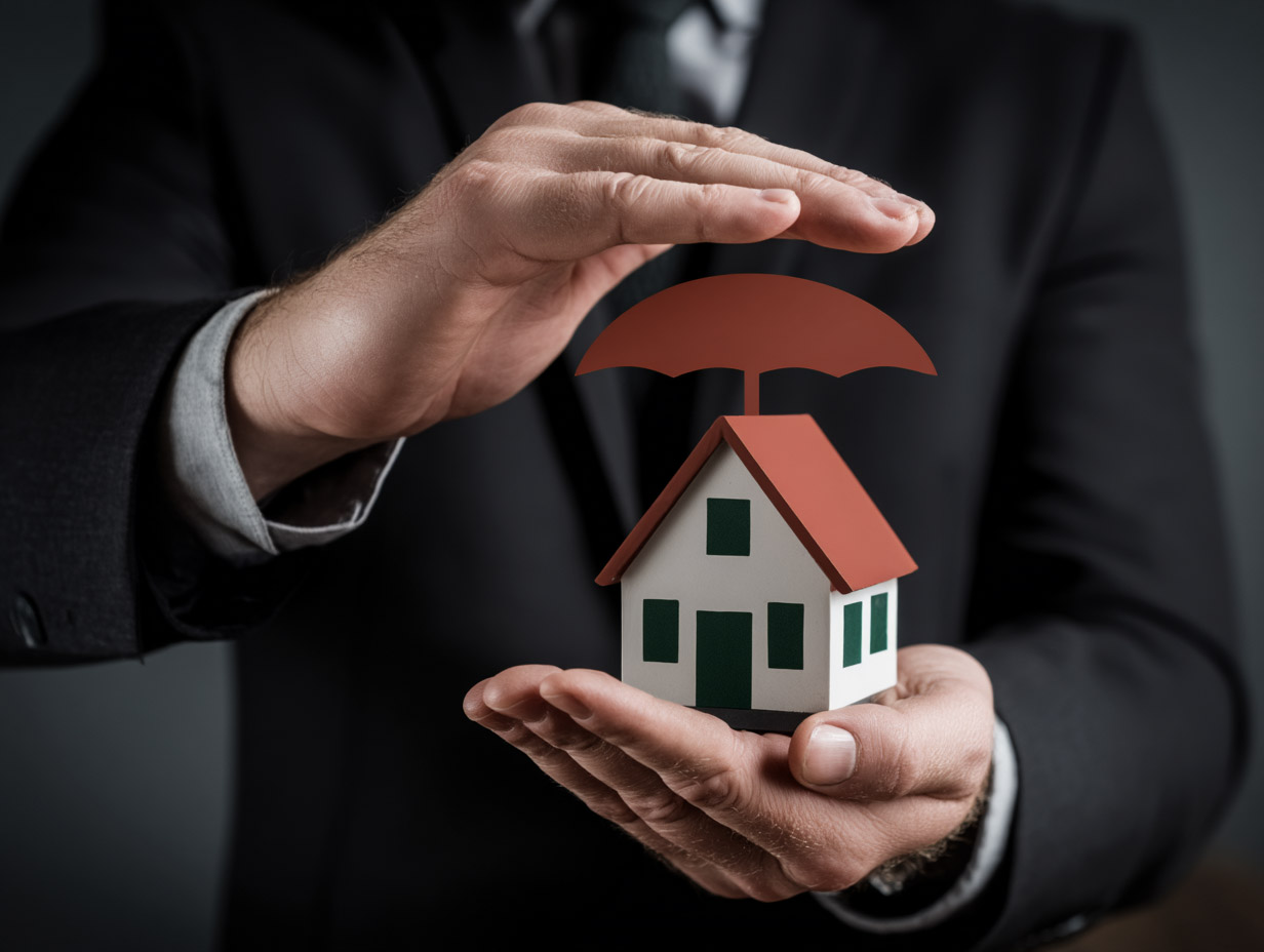 Homme en costume protégeant une maison miniature avec un symbole de parapluie rouge représentant une assurance habitation