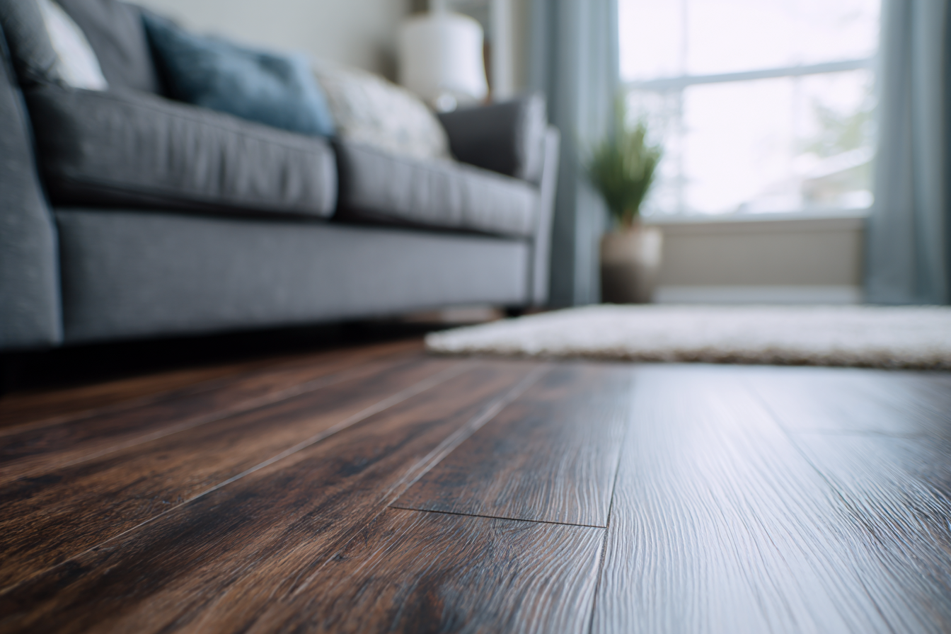 Plancher flottant stratifié brun foncé dans un salon moderne avec tapis et canapé gris.