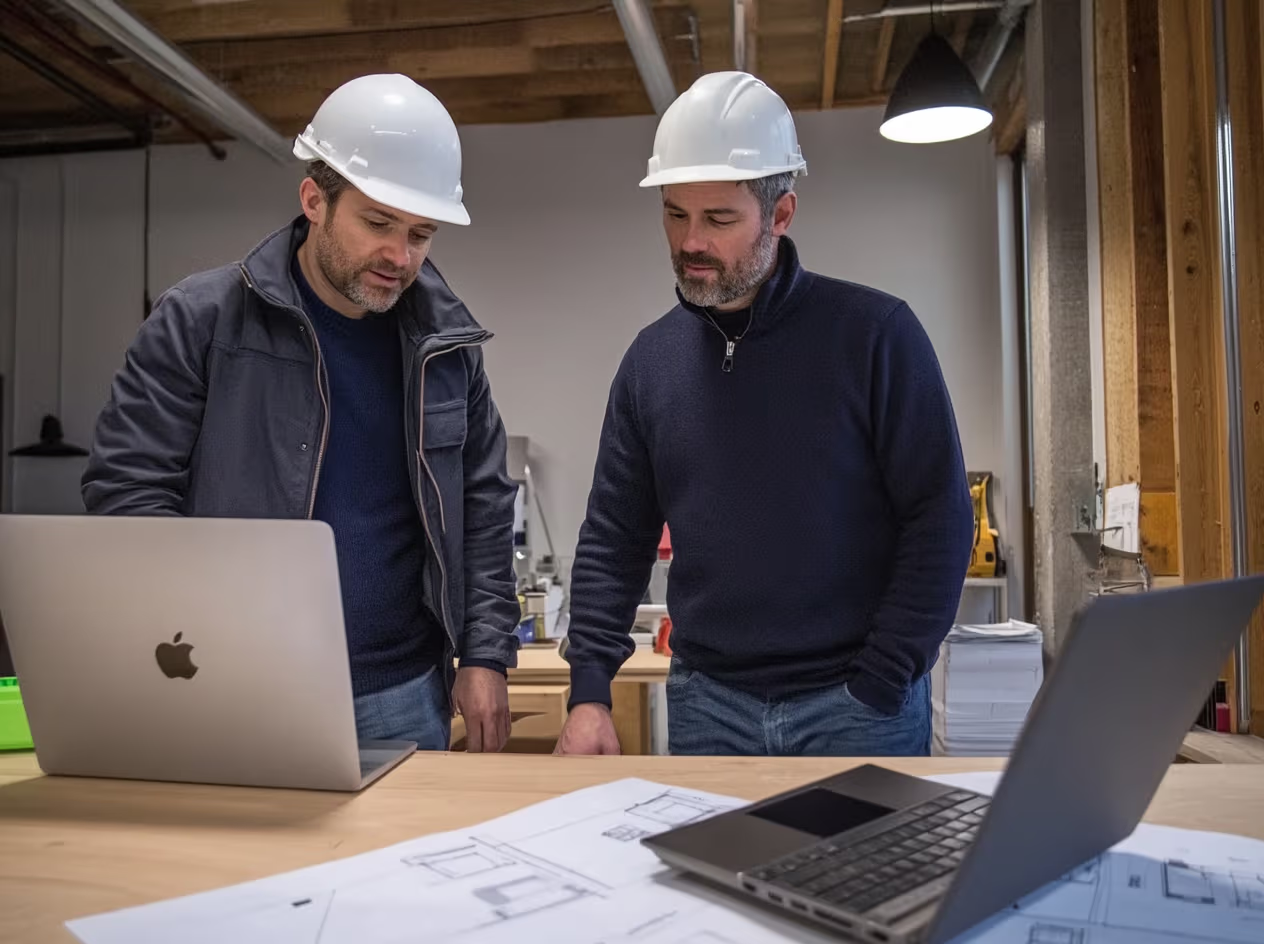 Two construction professionals wearing white hard hats review blueprints on a worktable with laptops in a jobsite office.