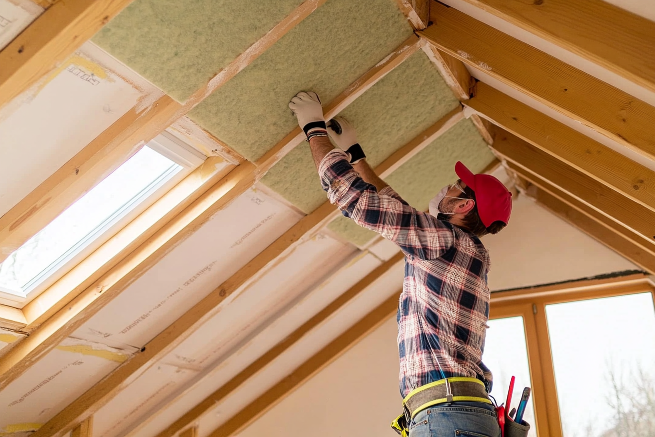 Installateur posant des panneaux isolants entre les chevrons en bois d’un plafond cathédrale avec fenêtres de toit