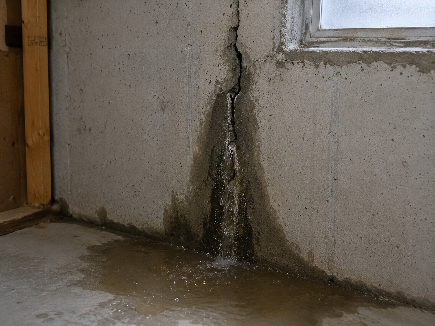 Basement water leak through a vertical concrete foundation crack with active water infiltration and pooling on the floor