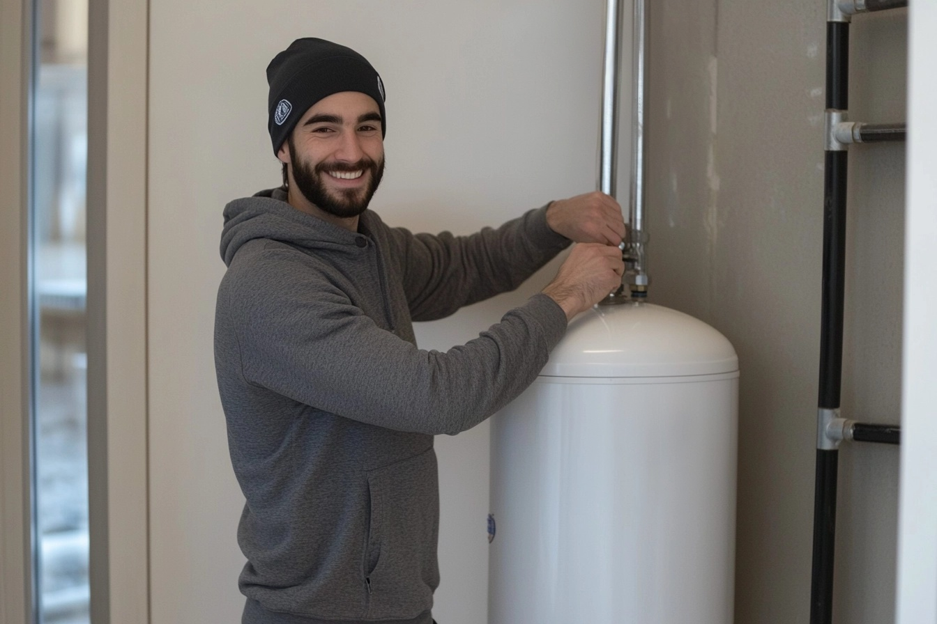 Smiling technician installing or servicing a residential water heater in a technical room