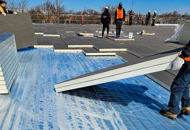 Travailleurs installant des panneaux isolants sur la surface d’un toit plat avec membrane d’étanchéité bleue