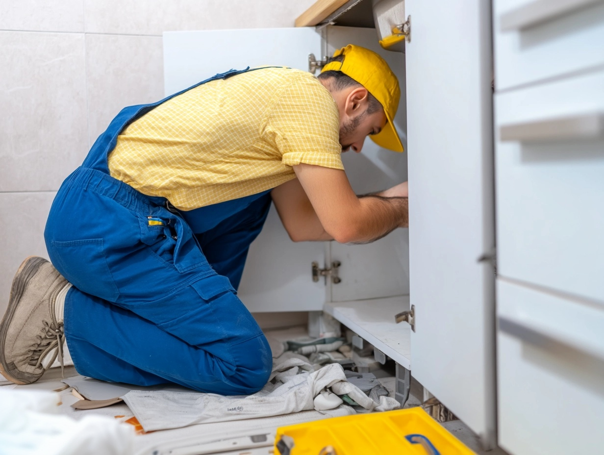 &nbsp;Plombier en uniforme réparant une canalisation sous un évier de cuisine
