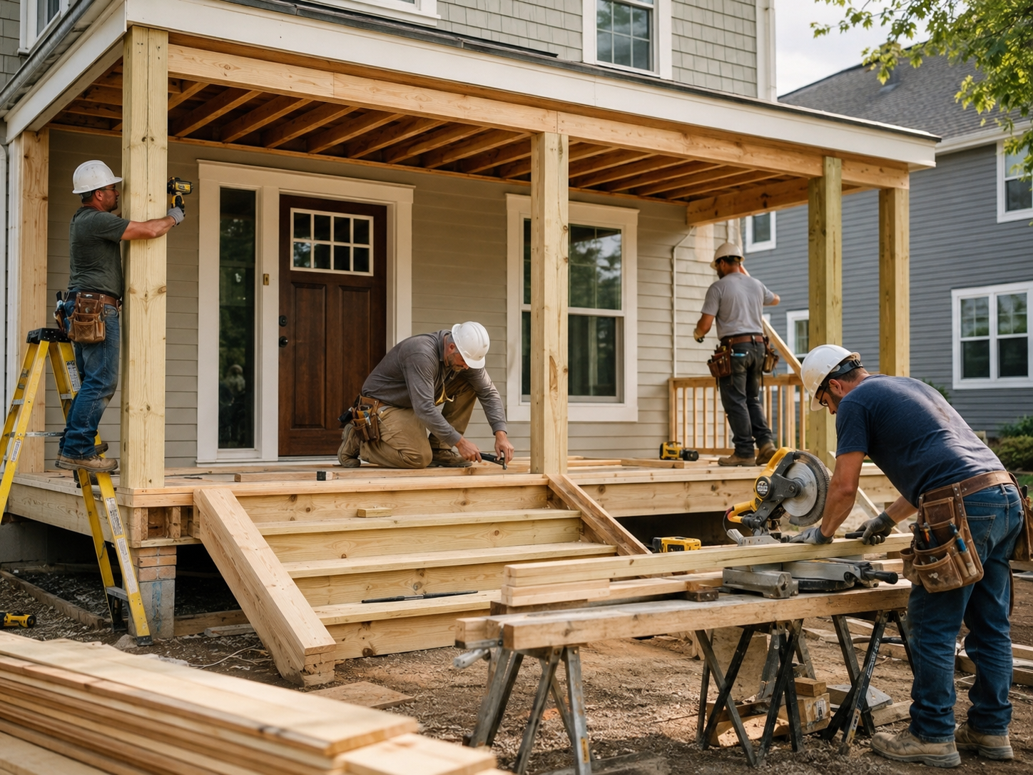 Team of four carpenters building a covered wood porch with stairs, posts, exposed framing, tools, and a miter saw in front of a house