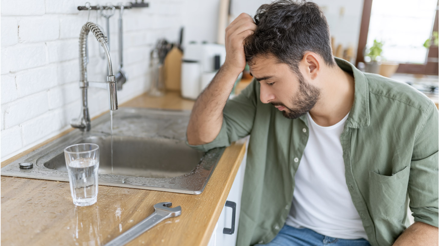 Worried man near a kitchen sink with dripping faucet, glass of water and plumbing wrench on the countertop.