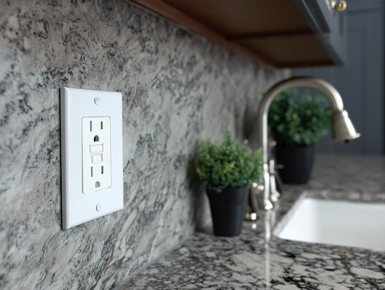 White GFCI outlet installed on a polished granite backsplash in a modern kitchen with stainless steel faucet.