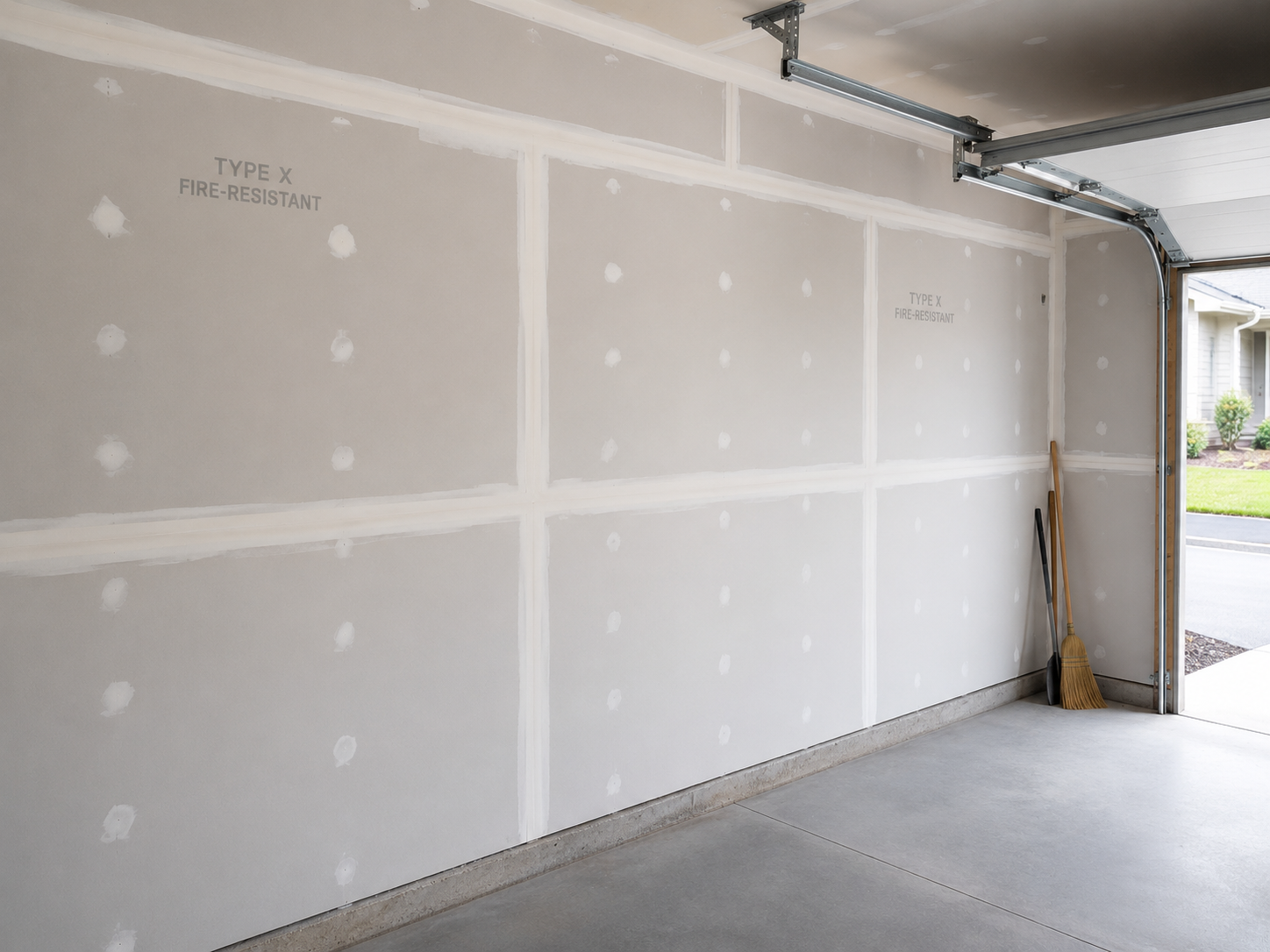 Garage résidentiel avec murs et plafond en panneaux de gypse de type X résistants au feu, joints tirés et porte de garage ouverte.