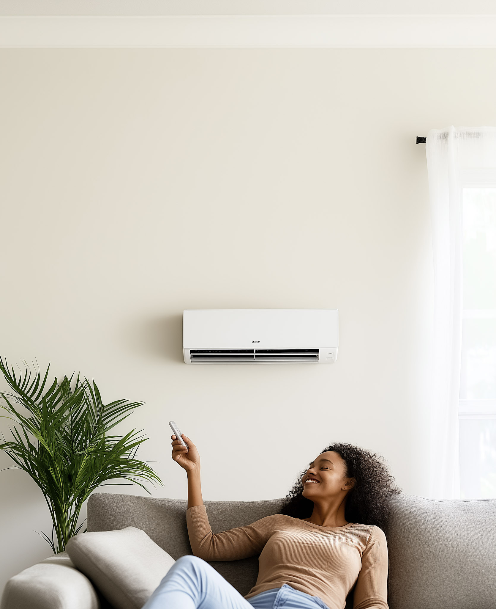 Femme souriante contrôlant un climatiseur mural avec télécommande dans un salon moderne lumineux.