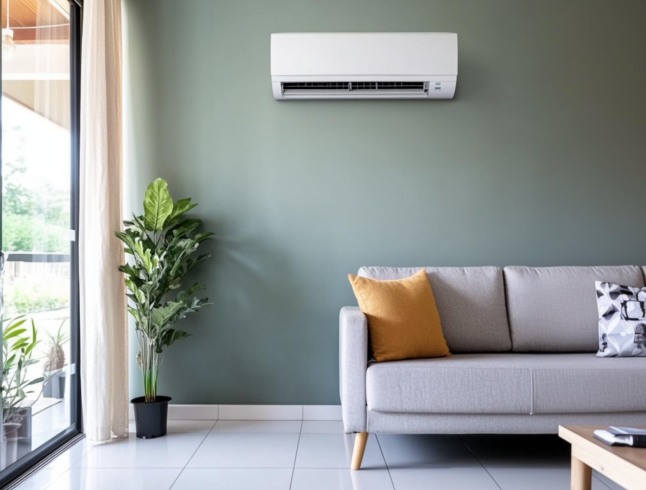 Modern living room with green wall, grey sofa, and white wall-mounted air conditioner