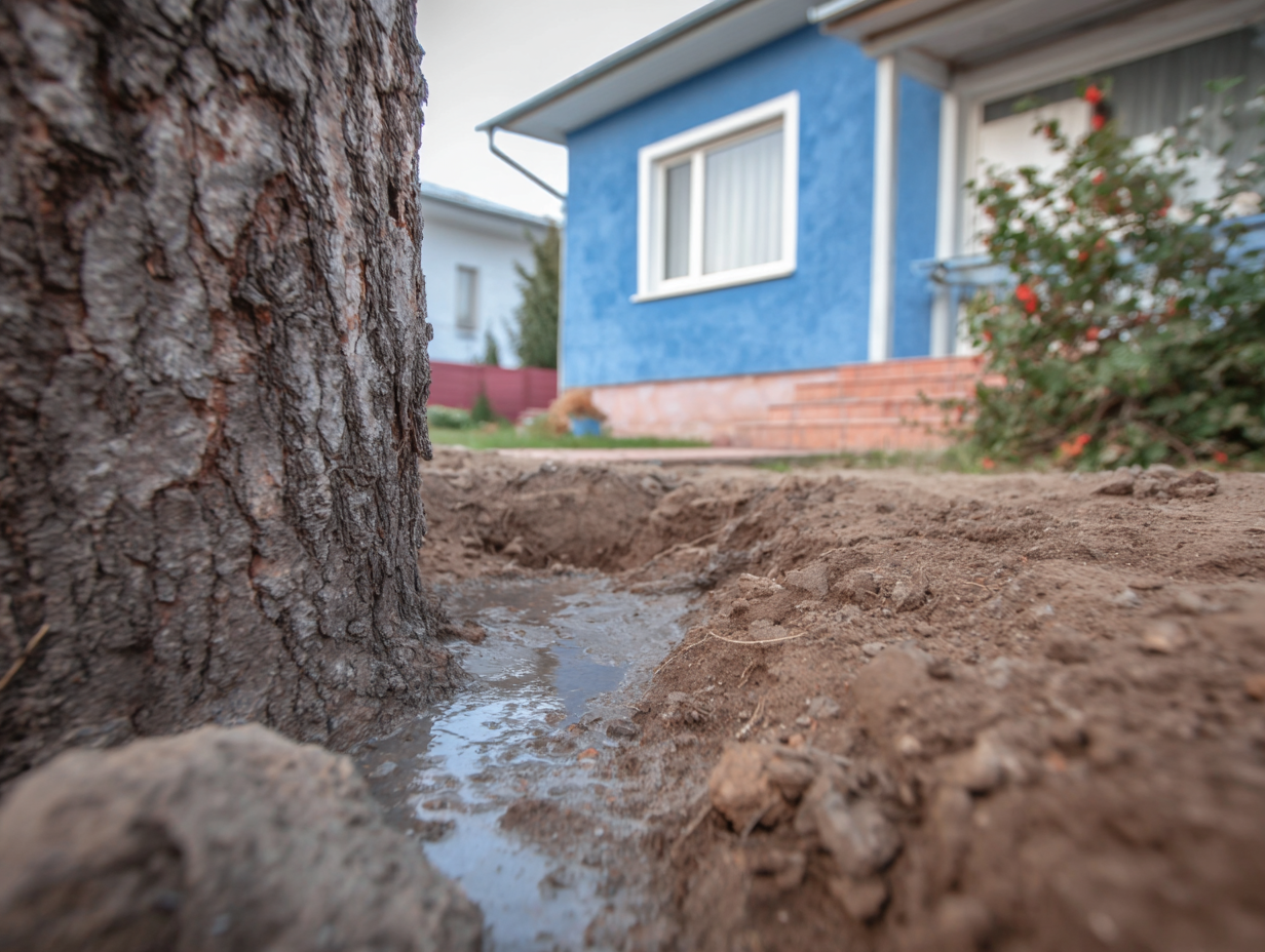 Standing water drainage near a tree with a dug trench beside a residential house