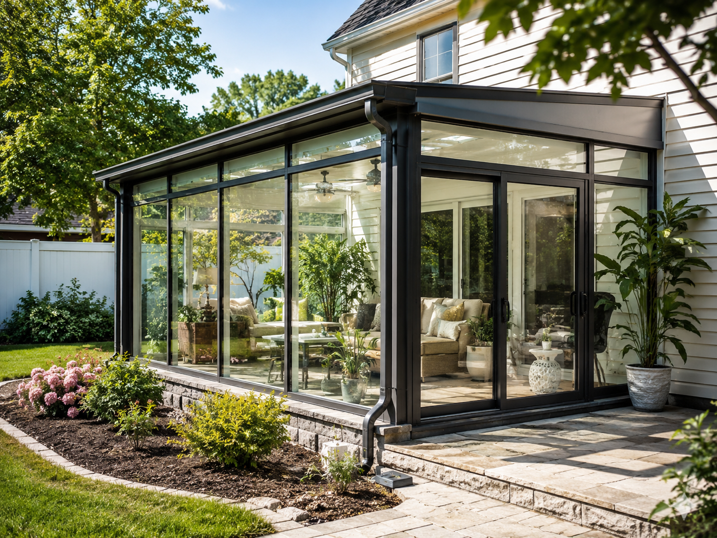 Solarium vitré moderne adossé à une maison avec structure noire, grandes portes coulissantes, toiture inclinée, mobilier de détente et aménagement paysager soigné