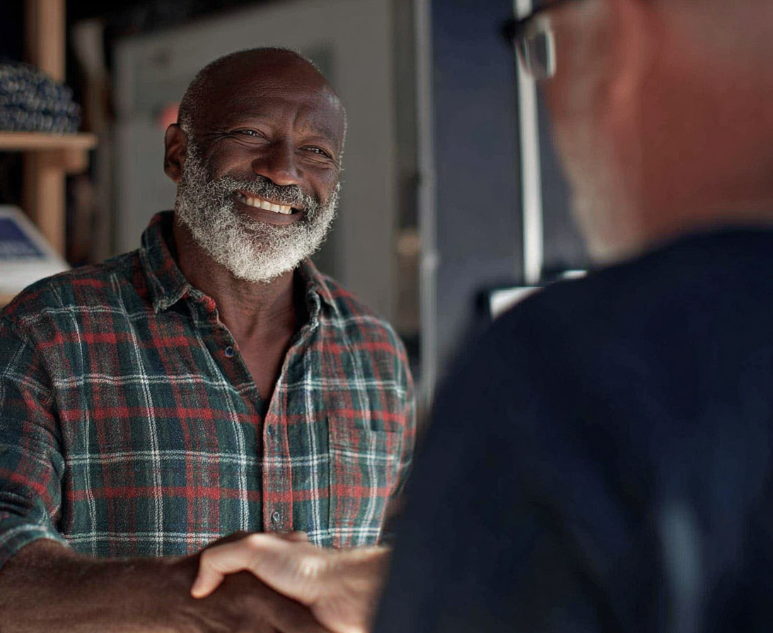 Homme souriant avec barbe blanche en chemise à carreaux serrant la main d’une autre personne dans un cadre professionnel ou commercial.