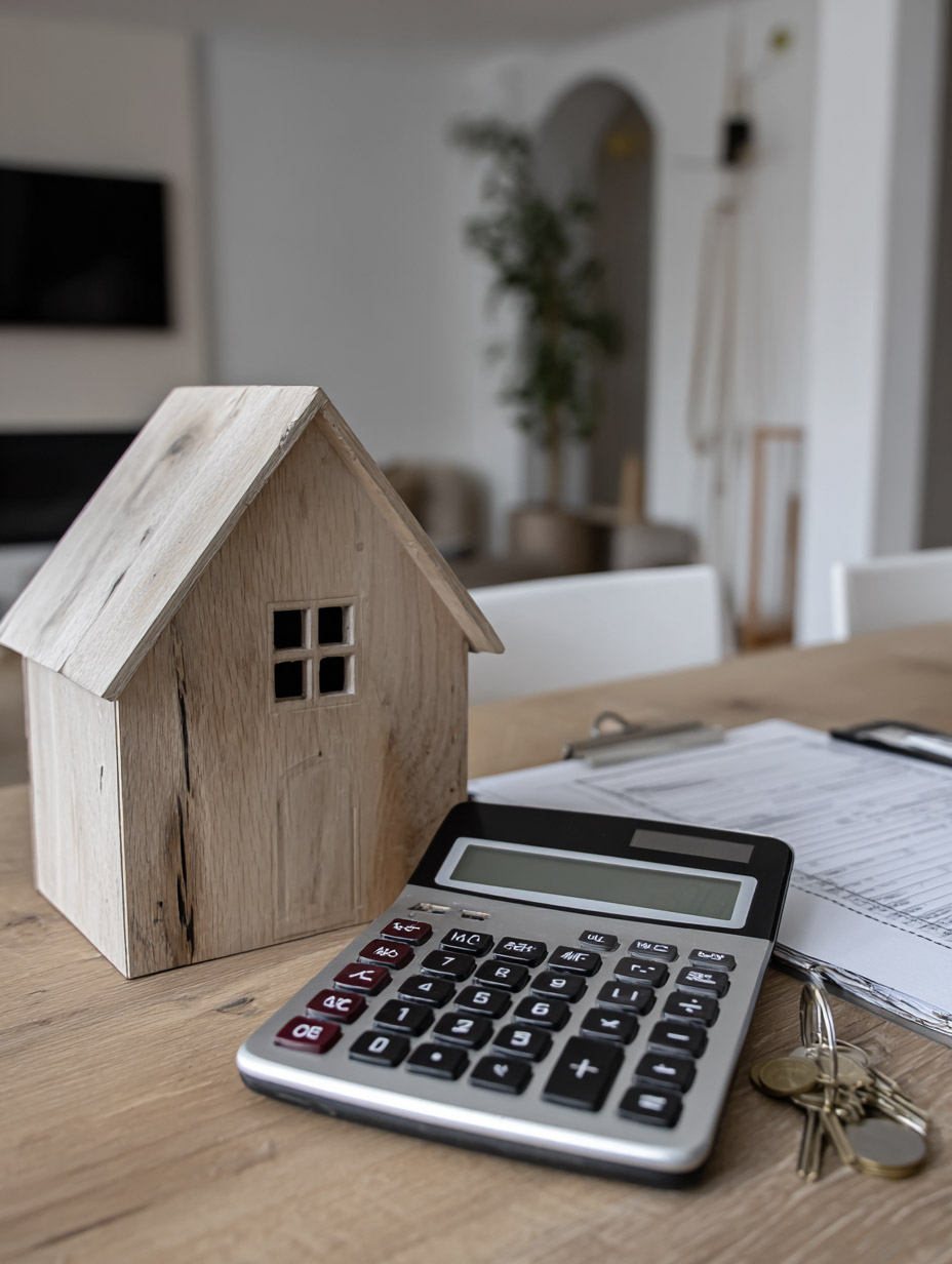 Small wooden house with calculator, keys and real estate documents on a table in a modern residential interior.
