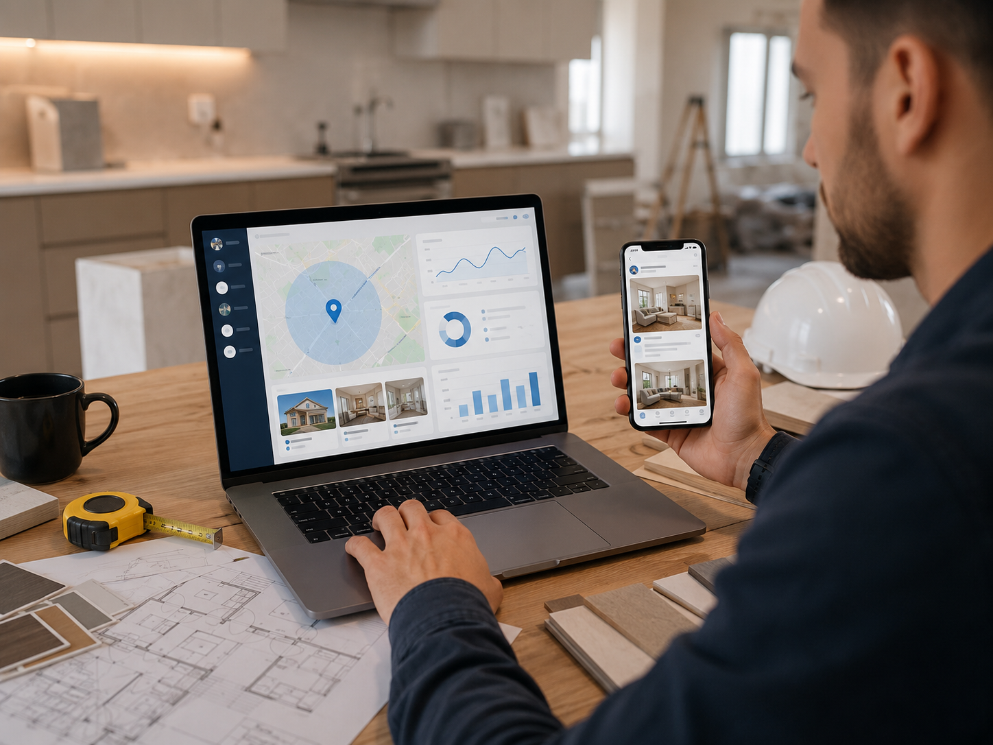 Professionnel de la rénovation consultant une plateforme immobilière sur un ordinateur portable et un téléphone intelligent, entouré de plans, d’échantillons de matériaux et d’un casque de chantier dans une cuisine moderne.