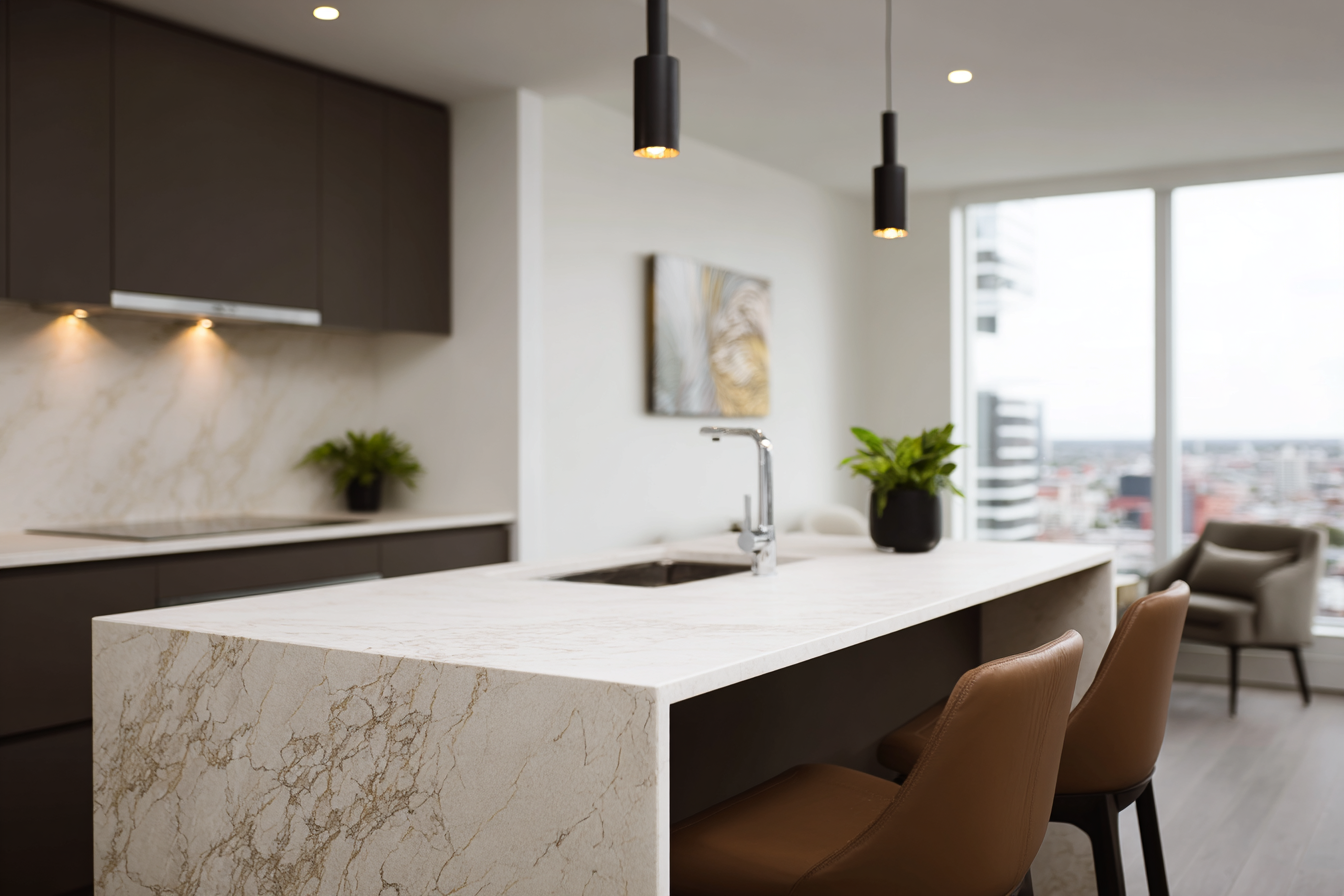 Cuisine moderne avec îlot en quartz effet marbre, armoires foncées et luminaires suspendus