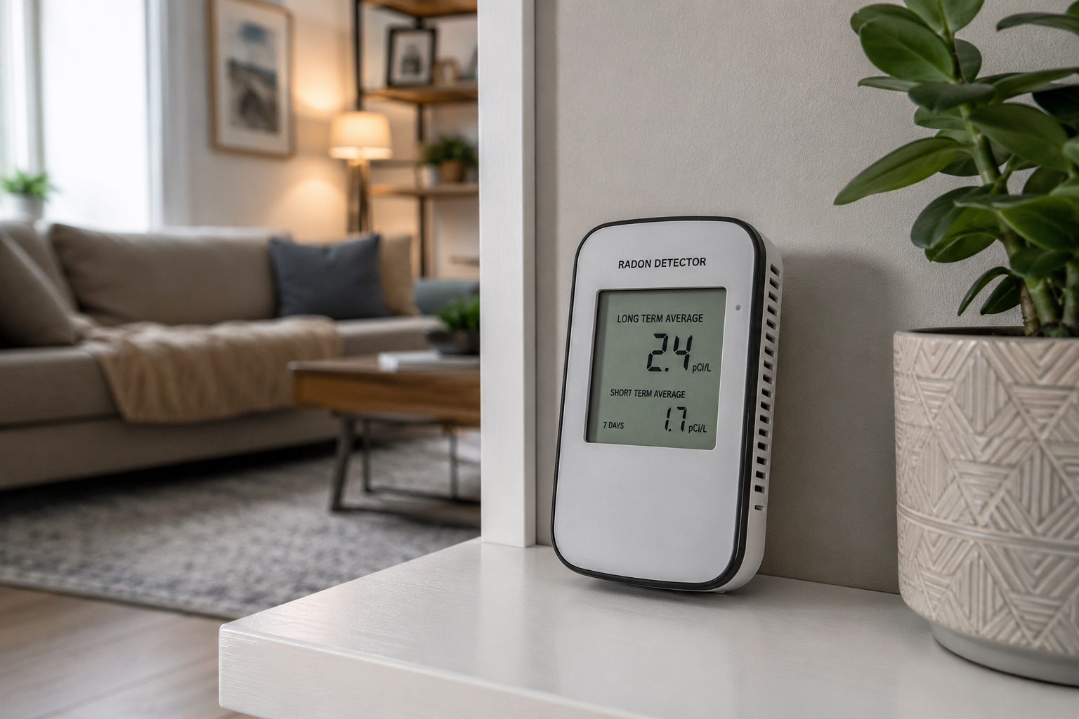 Détecteur de radon numérique affichant les niveaux de concentration de radon dans une maison pour surveiller la qualité de l’air intérieur.