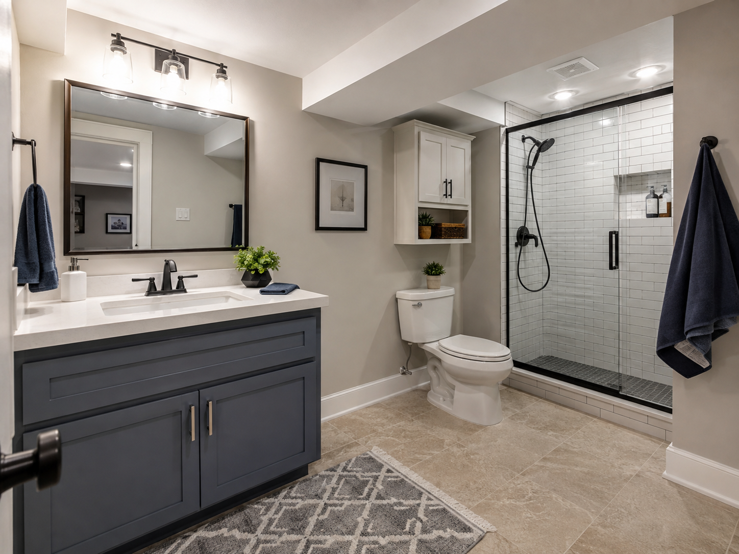 Salle de bain de sous-sol rénovée avec grande douche vitrée, carrelage blanc, meuble-lavabo bleu foncé, miroir mural, toilette et éclairage moderne