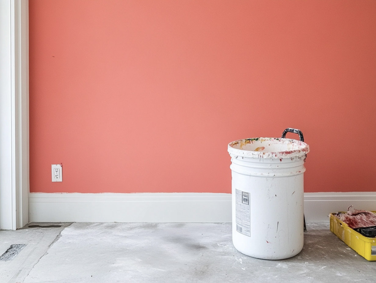 Freshly painted coral-colored interior wall with white baseboards, a paint bucket, and roller tray during finishing work.