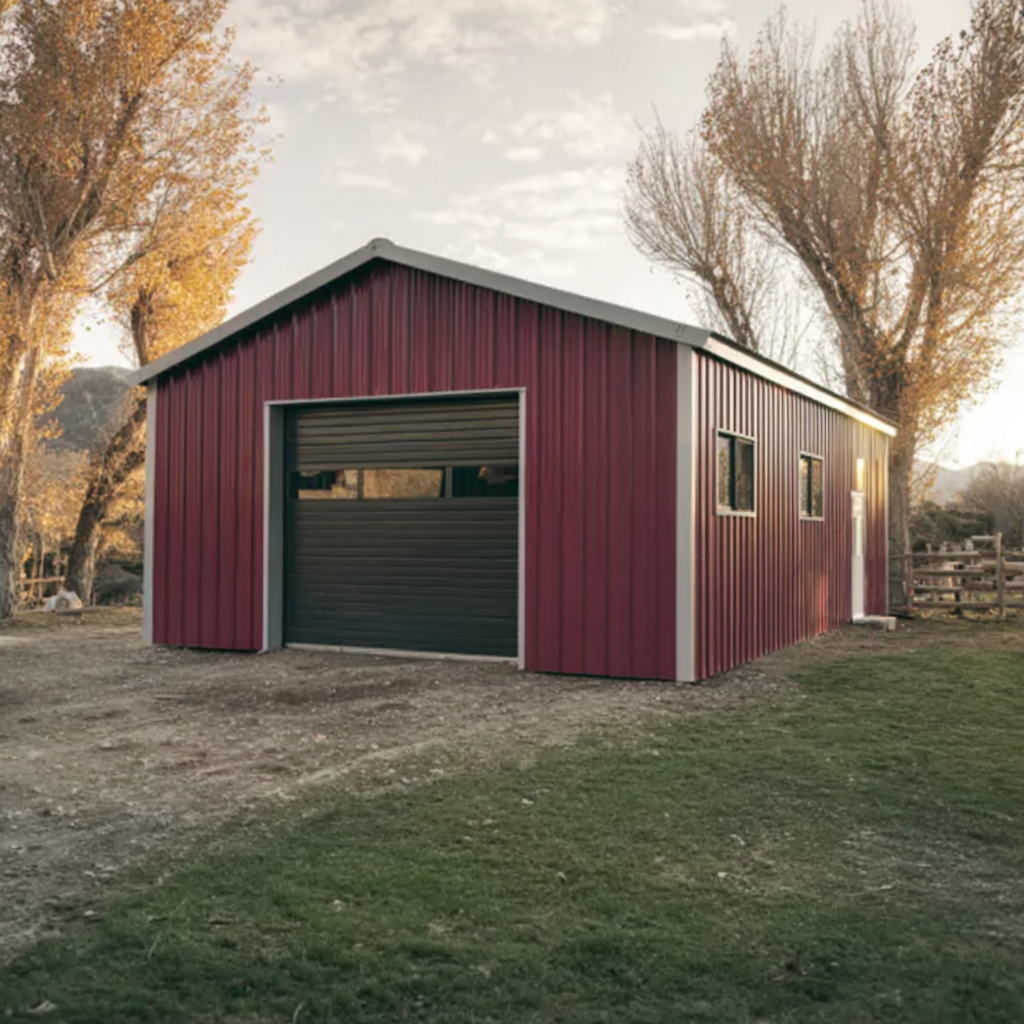 Garage détaché rouge en métal avec porte noire sur terrain rural entouré d’arbres en automne