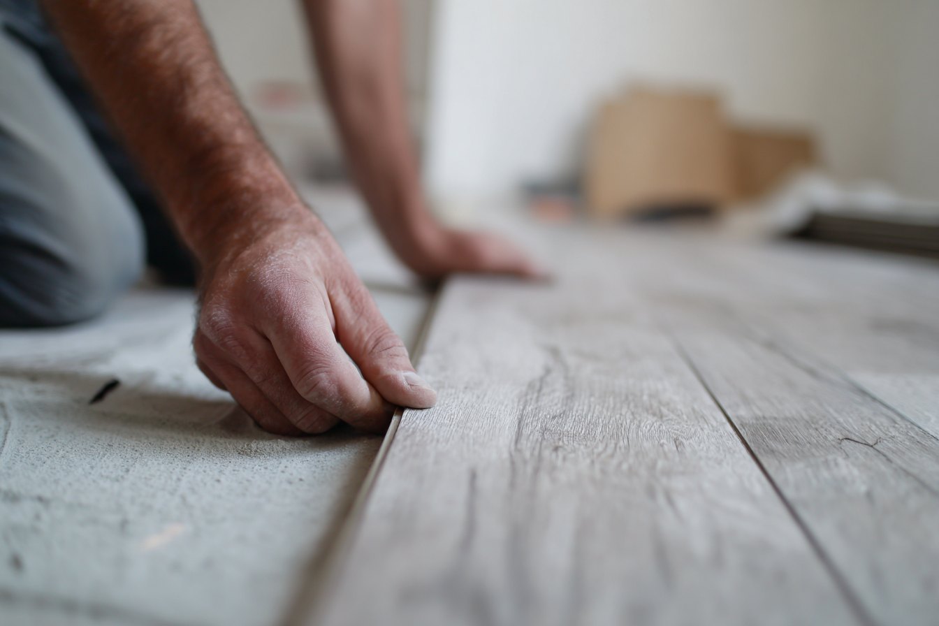 Installation of floating wood flooring with precise plank alignment by a craftsman