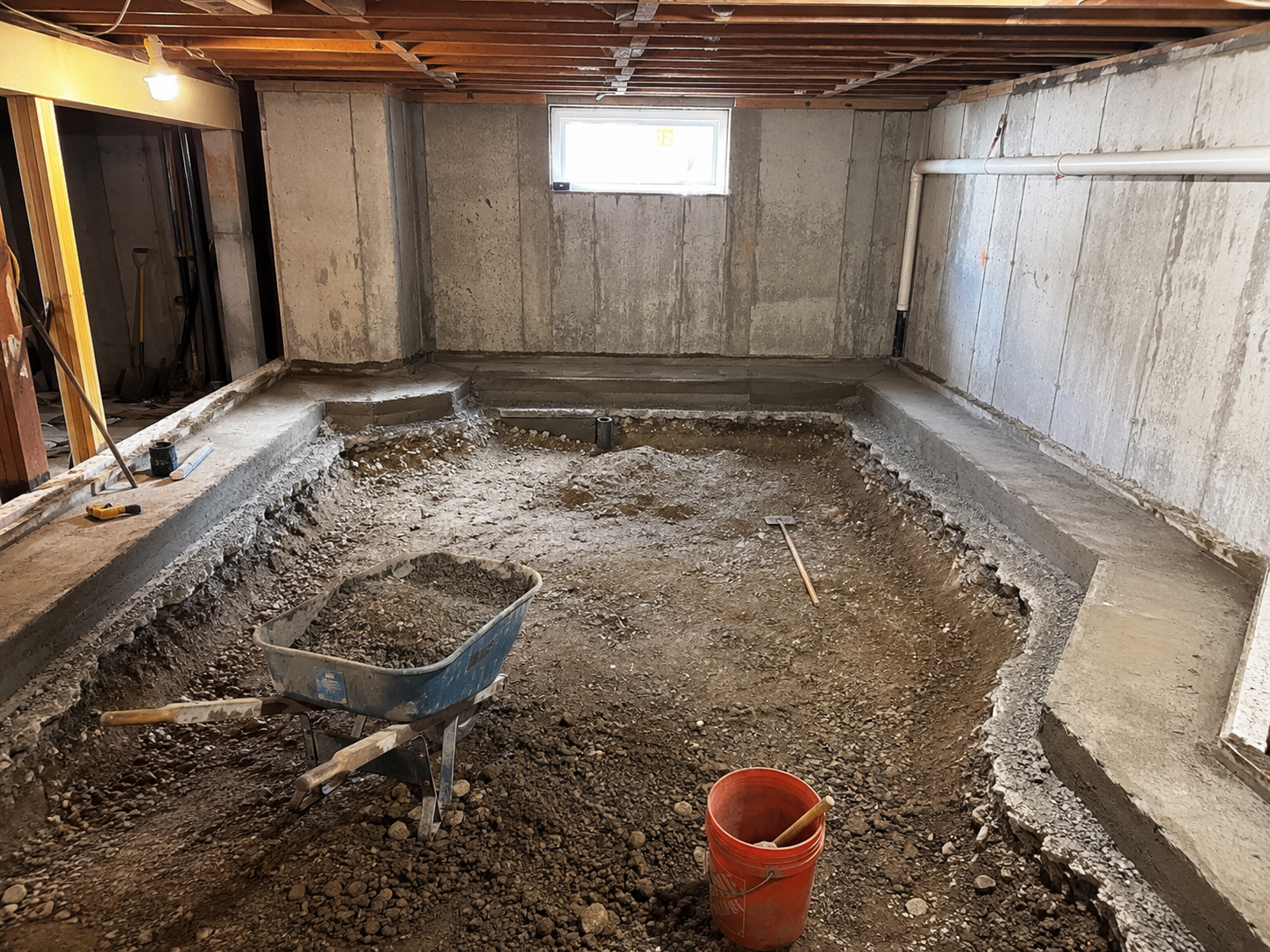 Sous-sol en excavation avec plancher abaissé, banquettes de béton périphériques, fondations apparentes et outils de chantier