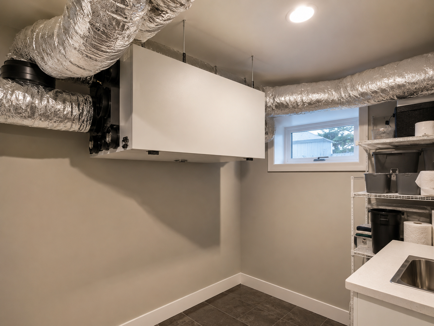 Ceiling-mounted home air exchanger in a utility room with visible ductwork and clean installation.