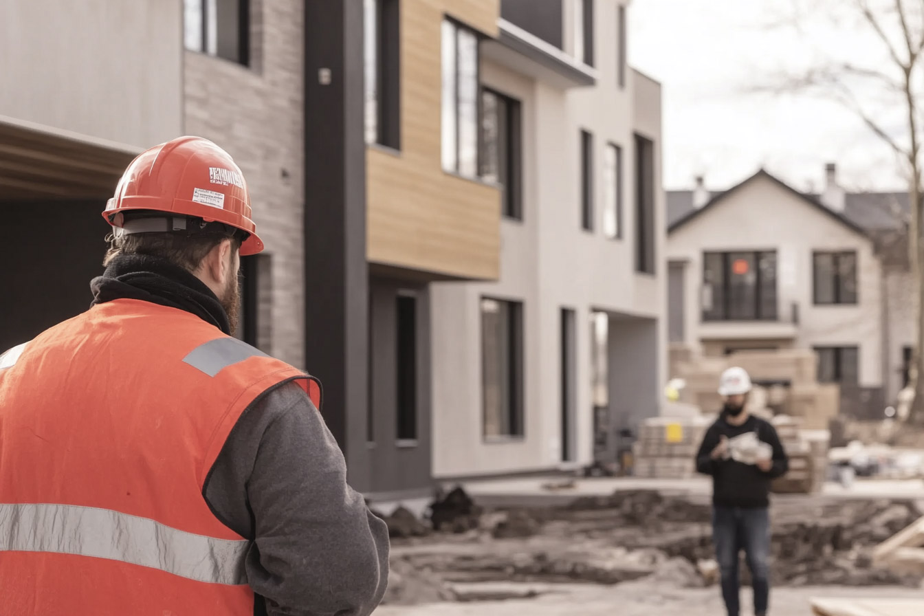 Construction supervisor in safety vest observing the building of modern houses.