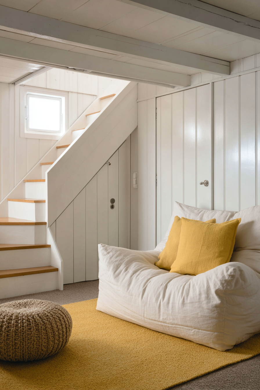 Salon lumineux avec escalier en bois blanc, mur à panneaux verticaux, fauteuil confortable avec coussins jaunes et tapis moderne